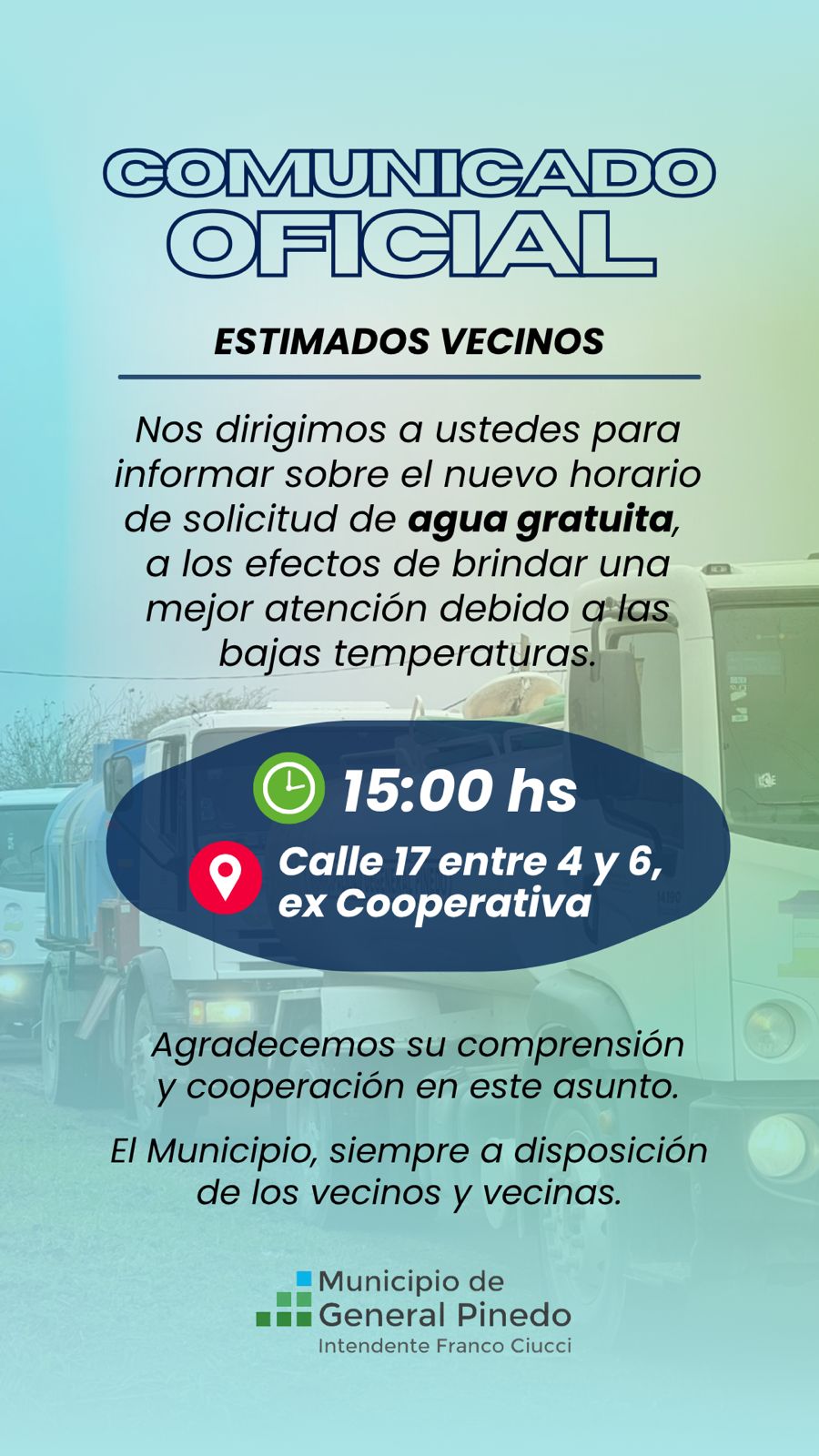 El Municipio de General Pinedo informa nuevo horario para la solicitud de agua gratuita