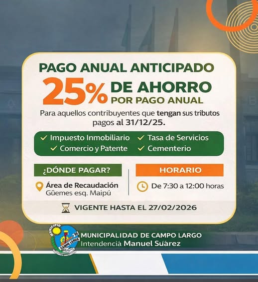 La Municipalidad de Campo Largo ofrece un 25% de ahorro con el pago anual anticipado de tributos